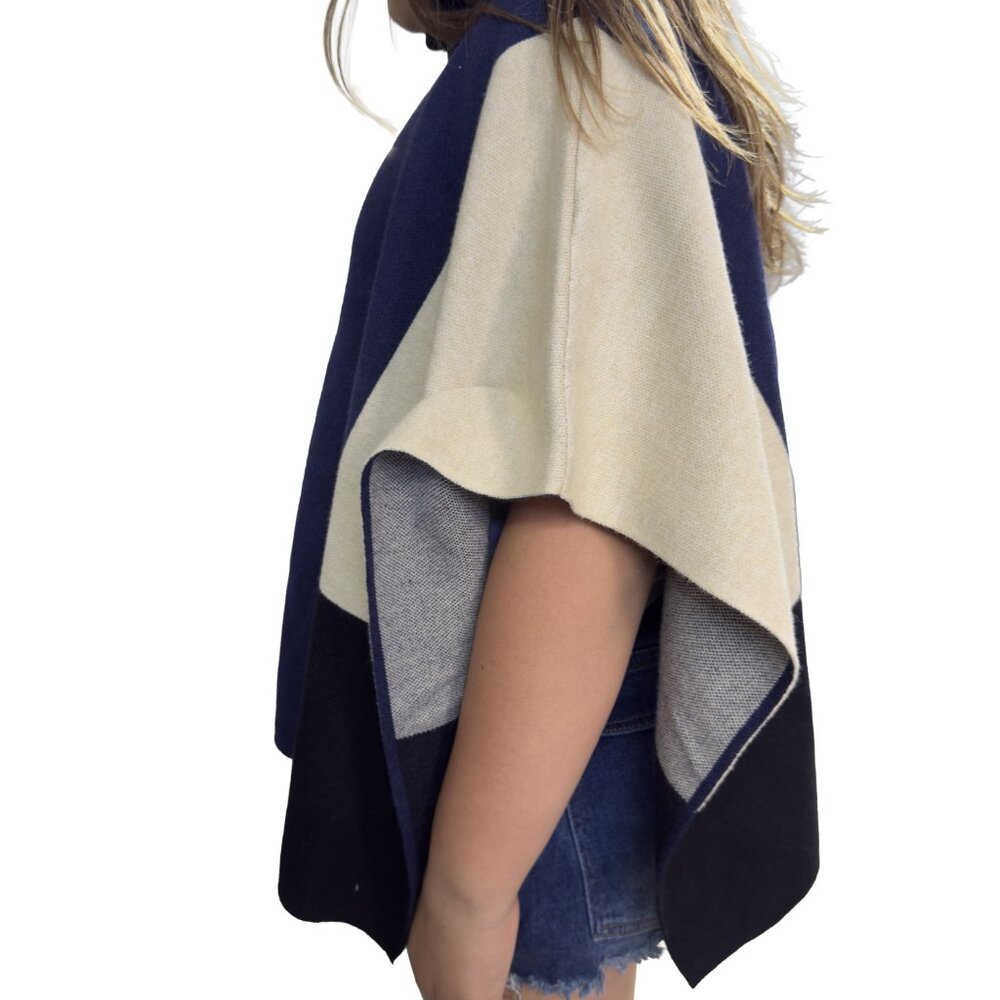 THML Colorblock Turtleneck Poncho Navy Cream Black Knit NWT Size Small - Picture 3 of 12
